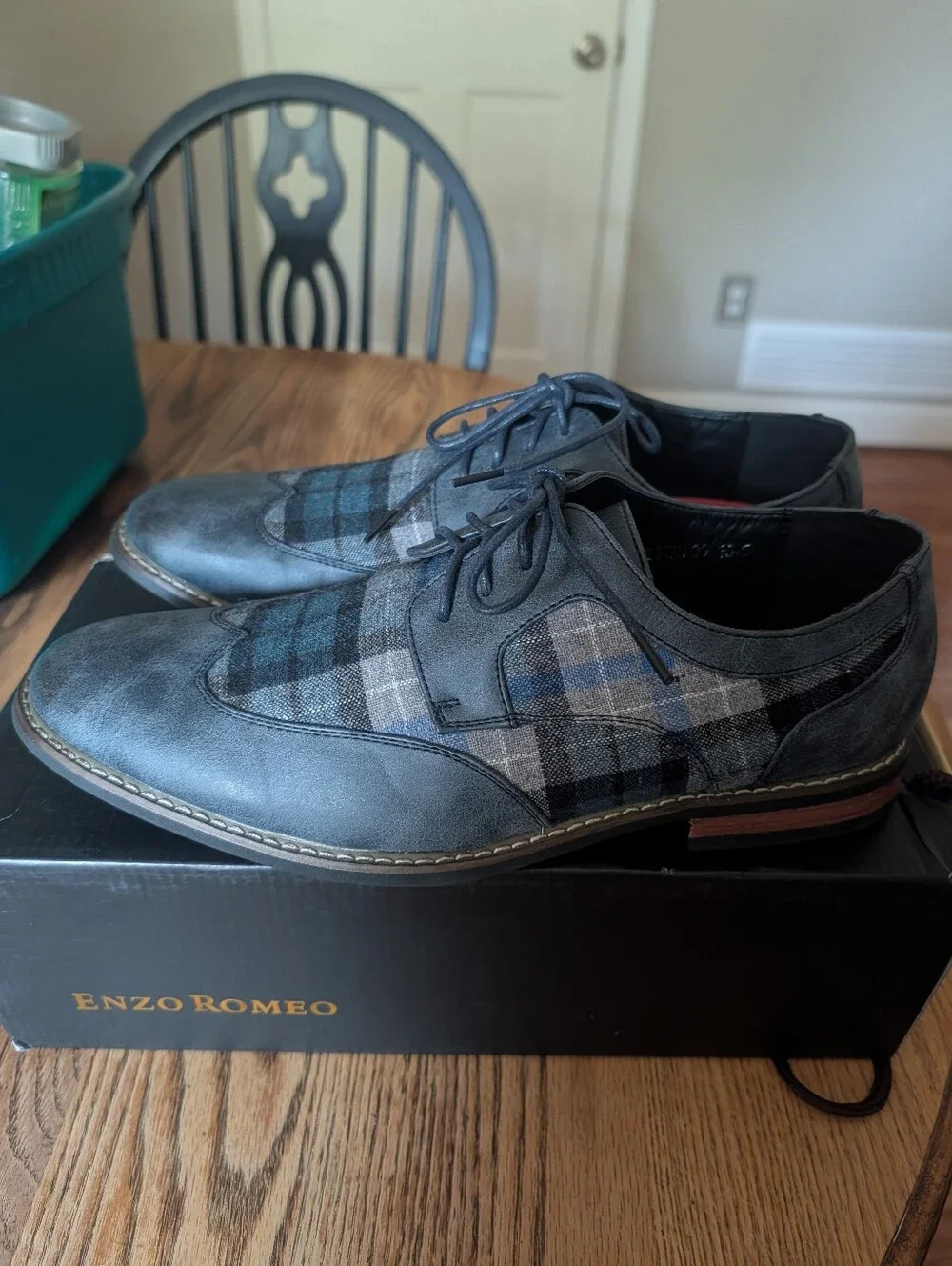 Men's Navy Blue Plaid Wingtip Dress Shoes
